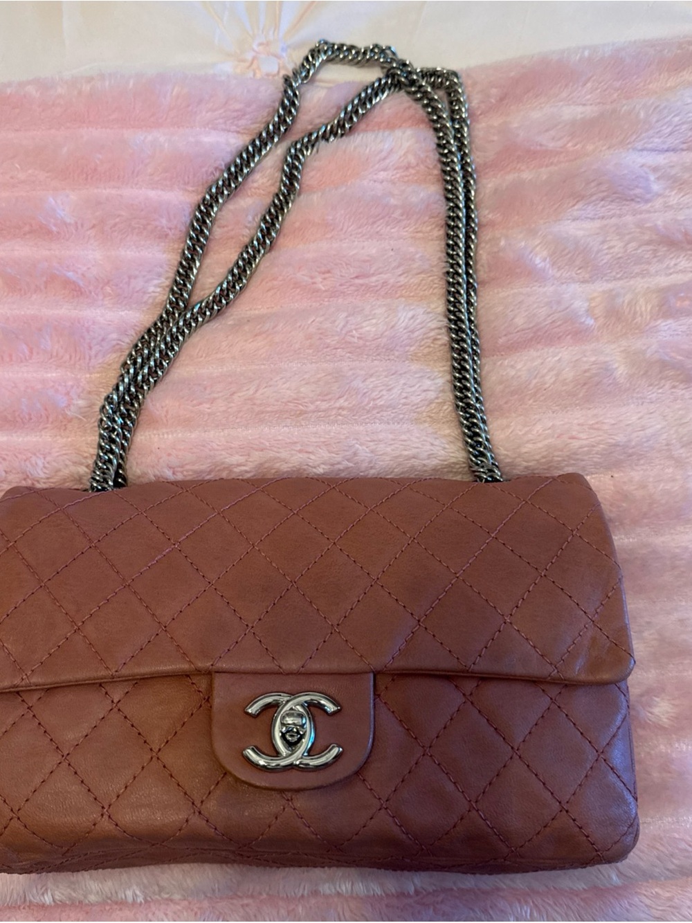 CHANEL Quilted Leather . Double Flap Crossbody in Pink with Silver Chain